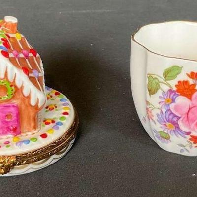 Hand painted limoges gingerbread trinket box and floral cup