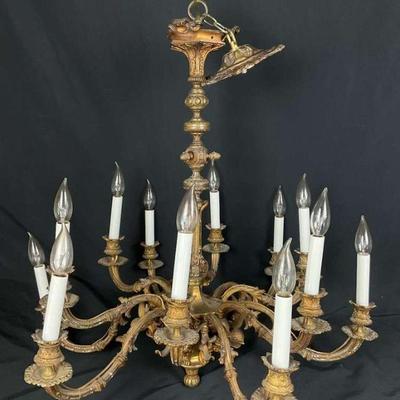 Ornate vintage brass 12 light chandelier