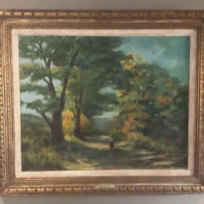 Vintage landscape oil painting in ornate gold frame