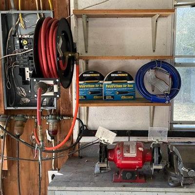 Air hose reel bench grinder & accessories