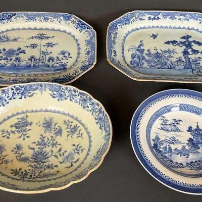 Set of blue and white porcelain dishes oriental style