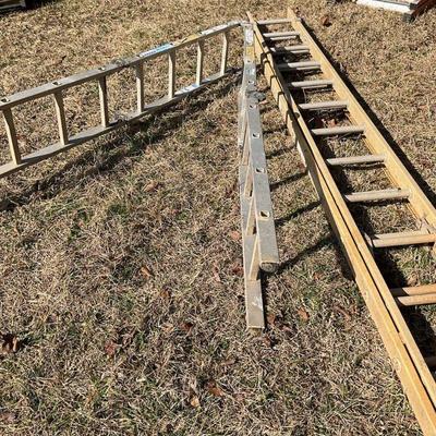 Multi ladder lot aluminum and wooden extension ladders