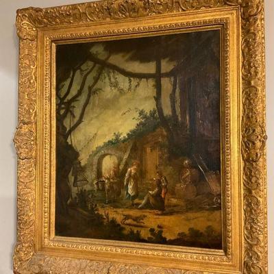 Antique oil painting in ornate gilded frame