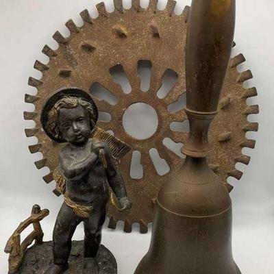 Antique vintage decor trio bell, gear, and statue