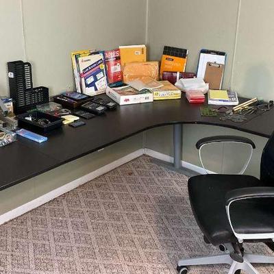 L shaped desk office chair, and supplies lot