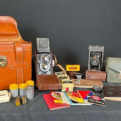 Vintage photography collection featuring rolleiflex camera