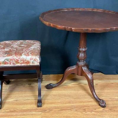 Ornate carved pedestal table upholstered bench