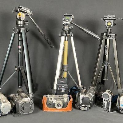 Vintage modern video camera lot camcorders, tripods, and accessories