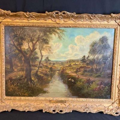 Antique oil painting scenic countryside landscape
