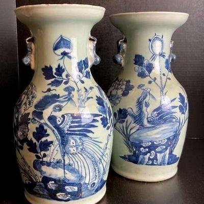 Pair of hand painted blue and white ceramic vases
