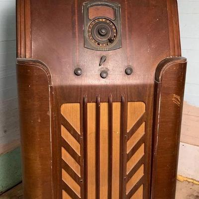 Vintage wood console art deco radio with two smaller radios