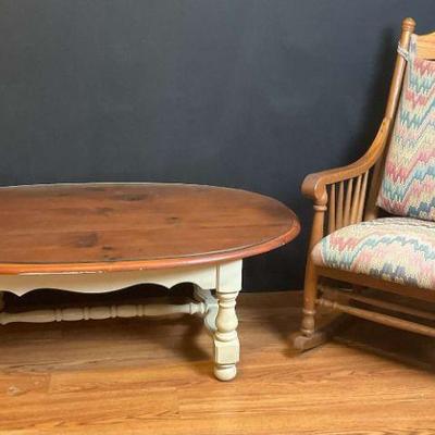 Vintage wooden rocking chair oval coffee table set