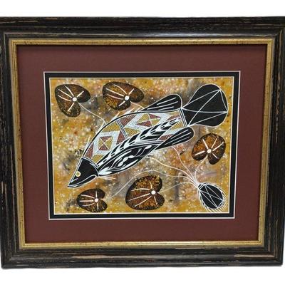 ABORIGINAL STYLE PAINTING DEPICTING A BARRAMUNI FISH IN WATER LILIES