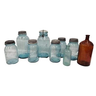 BLUE GLASS CANNING JARS, PUREX BOTTLE