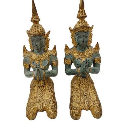 PAIR OF THAI BRONZED TONED TEMPLE GUARDIANS