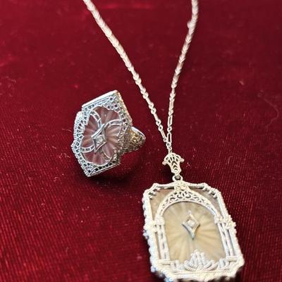 Art Deco Rock Crystal 14k White Gold set 