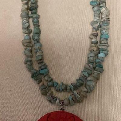 MMM068 Two Strand Turquoise? Stone Necklace With Carved Cinnabar Pendant