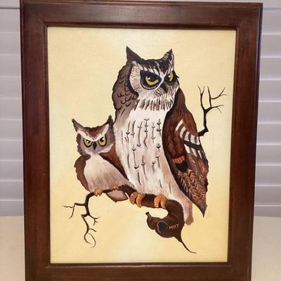 MMM032 Framed Original Vintage Painting Of A Pair Of Owls