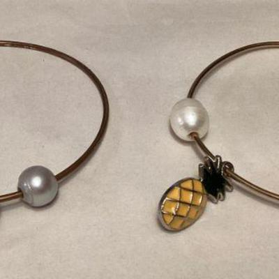 MMM093 Two Gold Toned Bangle Bracelets With Pearls & Charms