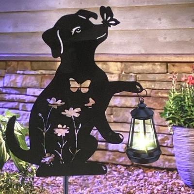 MMM128 Two Black Metal Dog Silhouettes Holding Solar Lanterns New
