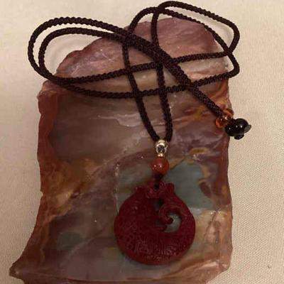 MMM072 Carved Cinnabar Fish Pendant On Adjustable Black Cord Necklace New