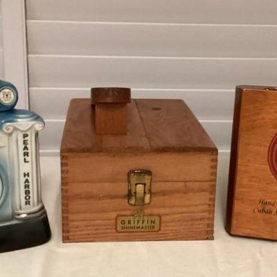 MMM123 Jim Beam Pearl Harbor Decanter, Shoe Shine Box & Cigar Box 