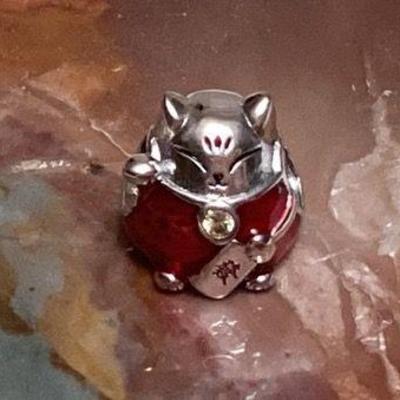 MMM054 Sterling Silver Enameled Lucky Neko Cat Charm New