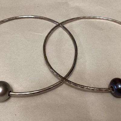 MMM091 Two Silver Toned Tahitian Pearl Bangle Bracelets 