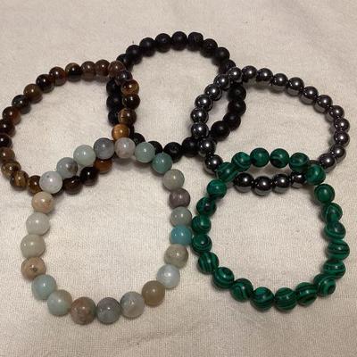 MMM101 Five Polished Stone Bead Bracelets New