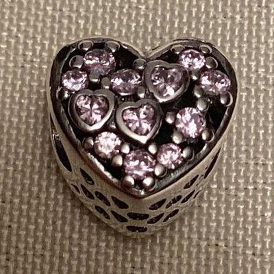 MMM052 Sterling Silver Heart Charm With Pink Gem Like Stones New