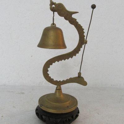 Vintage Bronze/Brass Dragon Gong Bell on Hand Carved Wood Base - 4½" Diameter x 9" Tall