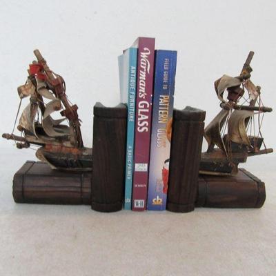 Vintage Hand Carved in Spain Spanish Galleon Bookends - 5½" x 9" x 3½"