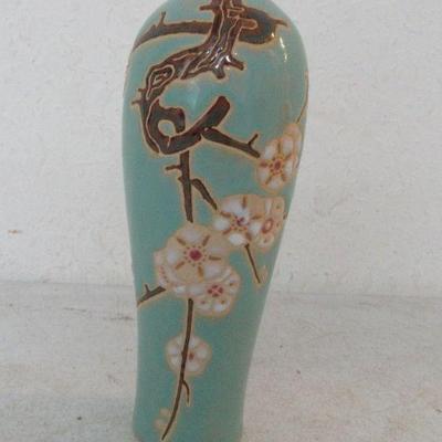 Vintage MCM Made in Vietnam Celadon Vase with Plum Branch & Blossom Design