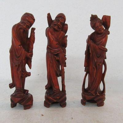 Vintage 1940s Chinese Cherry Wood Hand Carved Set of 3 Figurines - 6¾" Tall