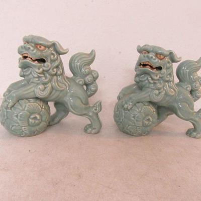 Vintage Pair of Celadon Foo Dog Figurines - 8" Tall