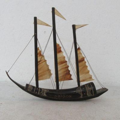 Vintage Vietnamese Hand Carved Antler/Bone 3-Masted Sailboat - 9½" x 8½"