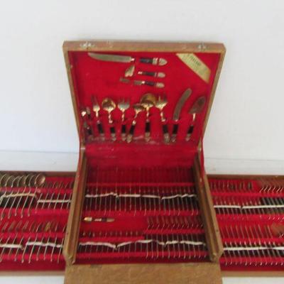 Vintage 1950s Urai Thailand Brass with Wood Handle Buddha 145-Piece Flatware Set in Wood Case
