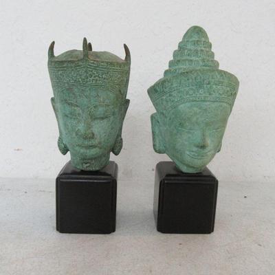 Vintage Pair of Cast Metal Buddha Head Figurines Made in Vietnam
