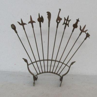 Vintage MCM Brass Weapon Shish Kabob Skewer Set of 10 with Stand
