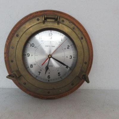 Vintage Wood & Brass Porthole Ship's Time Quartz Clock - 13½" Diameter