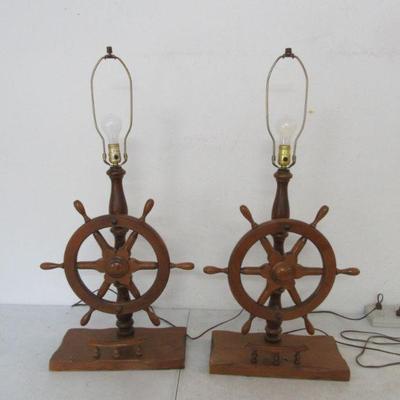 Vintage Pair of Ship's Wheel Lamps with Spindle Rail Base - 15" x 7" x 35"