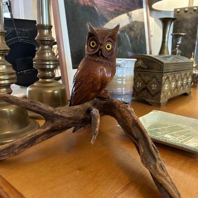 Vintage hand carved mid mod owl on real wood perch  