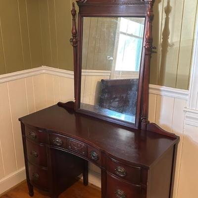 Lovely antique vanity and mirror . Measures 46” long x 17 1/2 deep.  Offered at $225. 