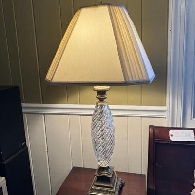 Gorgeous Waterford spiral cylindrical lamp with the original Waterford shade.  34” tall from base to finial. 6 1/2” square at the base. $195
