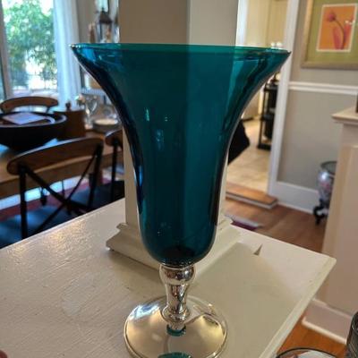 Gorham Silver Co. Sterling silver base and aqua crystal vase