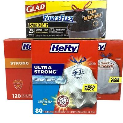 KEKU602 Hefty And Glad Trash Bag Assortment	All boxes appear unused with all contents included though some wear visible on box.
