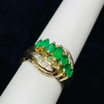 TN239 14k Gold & Marquis Cut Emeralds With Diamonds, Ring	Sz 6.5
