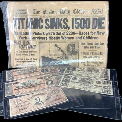 TN215 Reproduction Civil War Bills And “Titanic Sinks” Newspaper
