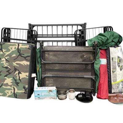 ANMC630 Cots, Cookware And More Camping Lot	This lot includes a Core 6 person lighted tent, one camping chair, autop kio portable shower...