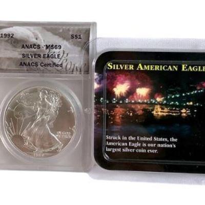 TN64 3 Silver American Eagle Coins, 1992 ANACS , 1987, 2010 MS 70	

